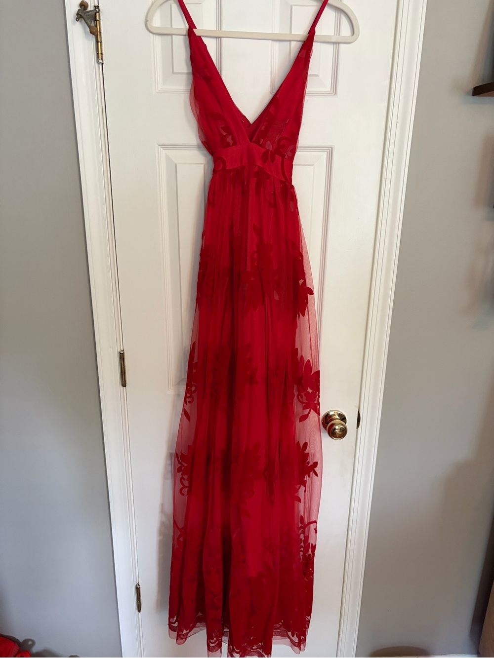 Showpo Red Floral Flock Tulle Backless Plunging Maxi Dress
